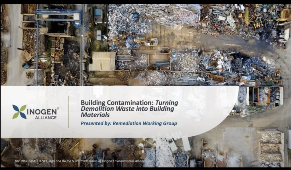 Screenshot of a webinar slide - "Buidling contamination: turning demolition waste into building materials"